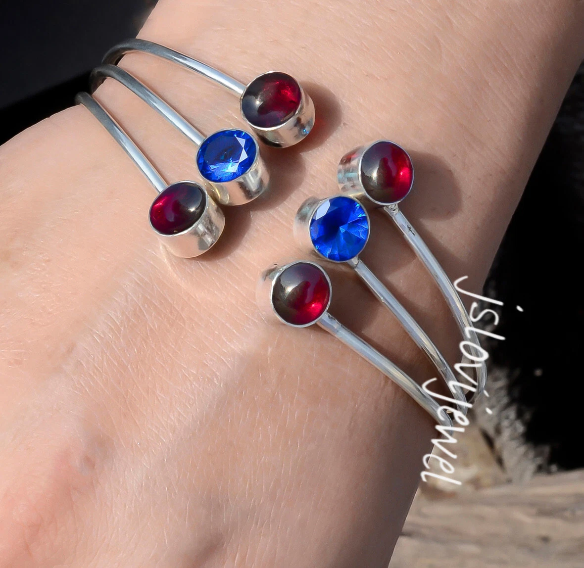 VALENTINO Bracciale grande in argento sterling 925 con pietre preziose tanzanite e granato rosso sfaccettato