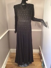 Authentic Vintage 1930s Black Silk-Crepe Ballgown w/ Prong set Rhinestones
