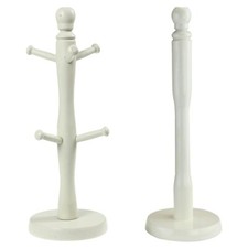 Mug Tree 6 Hooks & Paper Towel Holder Set Wooden Cream Free Standing Kitchen