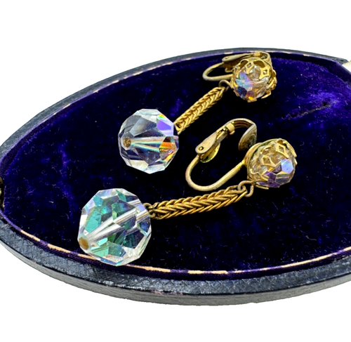 VINTAGE AURORA BOREALIS AB CRYSTALS DOG TEETH SETTING EAR PENDANTS EARRINGS 1950 - Picture 3 of 9