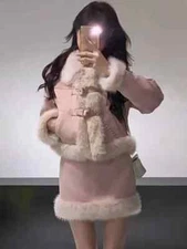 Winter Artificial Fur Two-piece Dress Set for Women's Casual Jacket+skirt