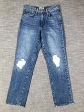 Baldwin Jeans Womens 24 Blue Distressed Straight Leg High Rise Button Fly Denim