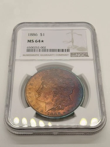 1886-P Morgan Silver Dollar NGC MS64 Rainbow Toning Uncirculated Coin