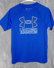 Boys Under Armour T-Shirt Size YLG Blue Logo Loose Fit Short Sleeve - 1228
