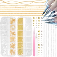 2 Boxes Nail Chain Charms and round Beads for Nail Art, Gold Silver Line Nails A