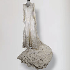 Vintage 90s Mori Lee Wedding Gown Sz 18 Beaded Satin Cathedral Train Veil Set