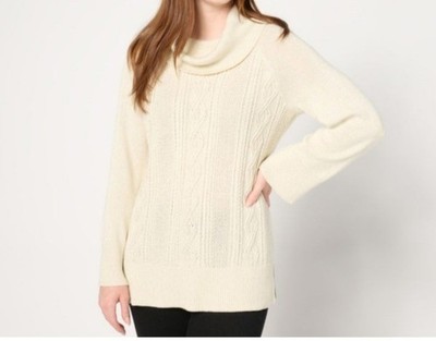 Studio Park Size Med Ivory Cowl Neck Cable Sweater With Lurex A665358 NWOT