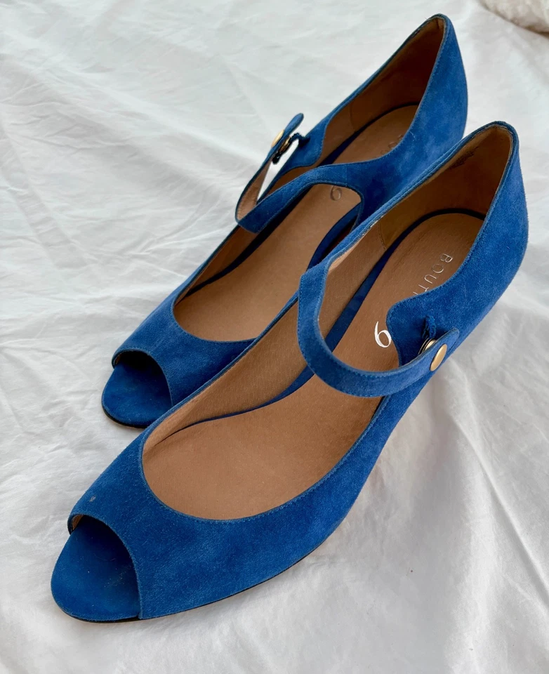 Boutique 9 Blue Suede Rebecca Peep-Toe Strappy High Heel Shoes. Leather. 2.25” - Image 4 of 4