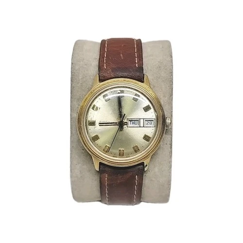 Vintage Men's TIMEX Mercury Day Date Watch 35mm Gold Tone w/ Brown Leather Band
