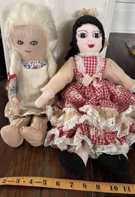 VTG 70 s International Folk Art Rag Dolls Lot Of 2 Handmade Embroidered Face 17 