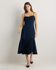 Quince Women Lightweight Crepe Pleated Hem Midi Dress Blue L