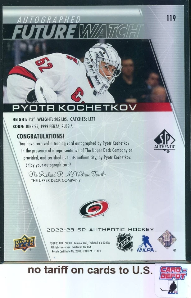 2022-23 SP Authentic Future Watch Autographs RC #119 Pyotr Kochetkov 365/999 - Image 2 of 2