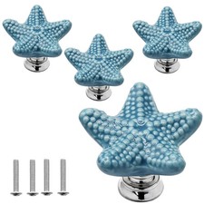 Ceramic Starfish Drawer Knobs - Coastal Blue Cabinet Handles, 4 Pack