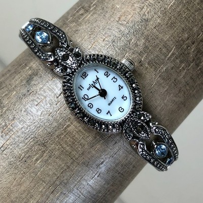 LA Express Women LAX1354 Marcasite Silver Expansion Oval Quartz Watch 6 1/4''