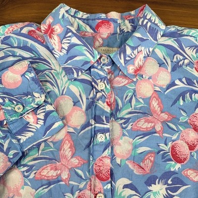 Talbots Women's Blue Butterfly Peach Pineapple Print Button Up Shirt Size L