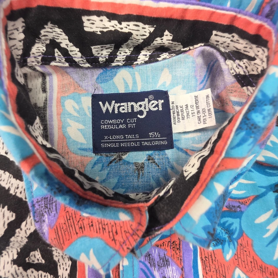 Vintage Wrangler Mens 15.5 Cowboy Cut Western Shirt Large Tails Floral Aztec - Image 3 of 4
