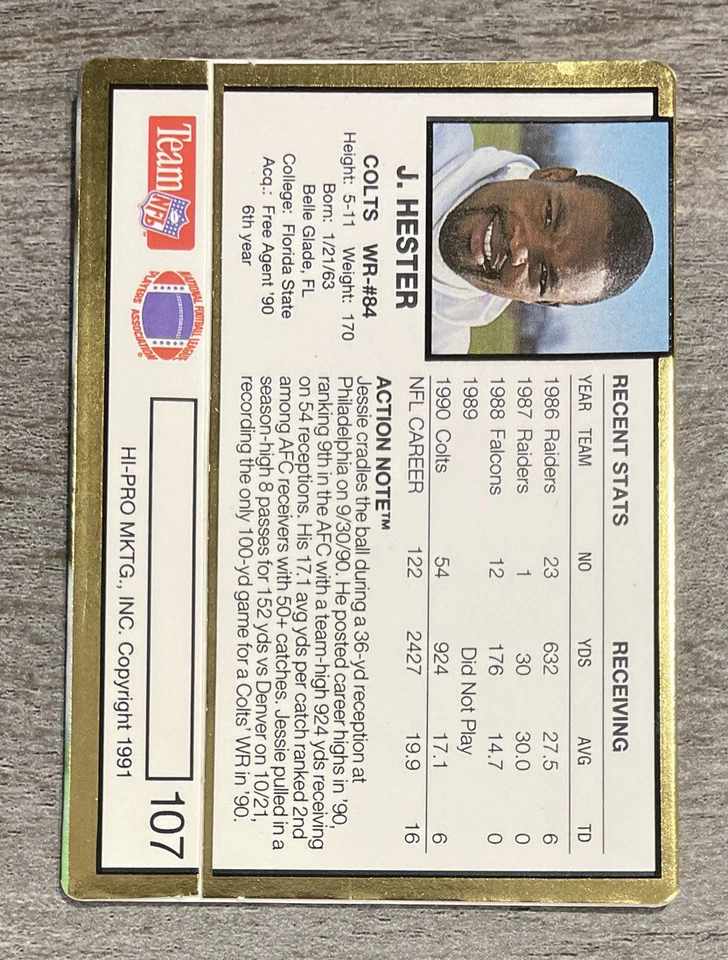 Jessie Hester 1991 Action Packed Colts #107 *F551* - Image 2 of 2