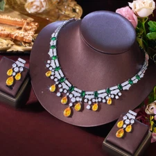 Silver Plated CZ Bridesmaid Water Drop Green Leaf Necklace Earrings Jewelry Set