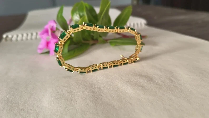 翡翠网球手链金钻石白色 14K 切割 14k 实验室圆形镀天然 — 第 4/4 张图片