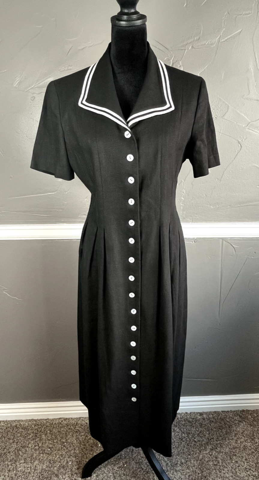Jessica Howard Women's Size 10 Black Linen Blend Nautical Sailor Midi Dress