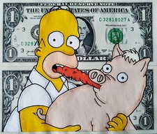Spider pig, Homer Simpson on real dollars, Dollar Art, Money Art, signed.