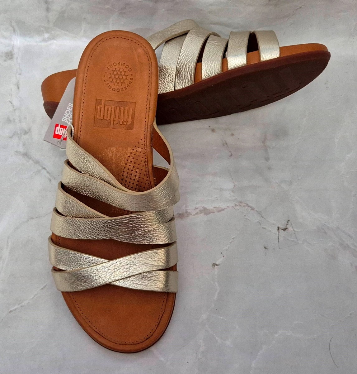 FITFLOP Ladies Lumy Gold Leather Flat Strappy Slip On Sliders UK 4 EU 37 |  eBay UK