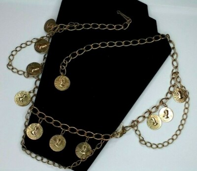 Faux coin gold tone belts Vintage Gold Tone Metal Links Chain Belt With Faux Coin 38  main image 2