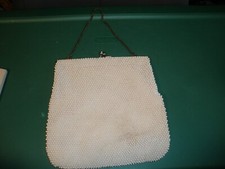 Vintage Corde Bead White Kiss Lock Purse 8"x9" See Photos for Stains T54 