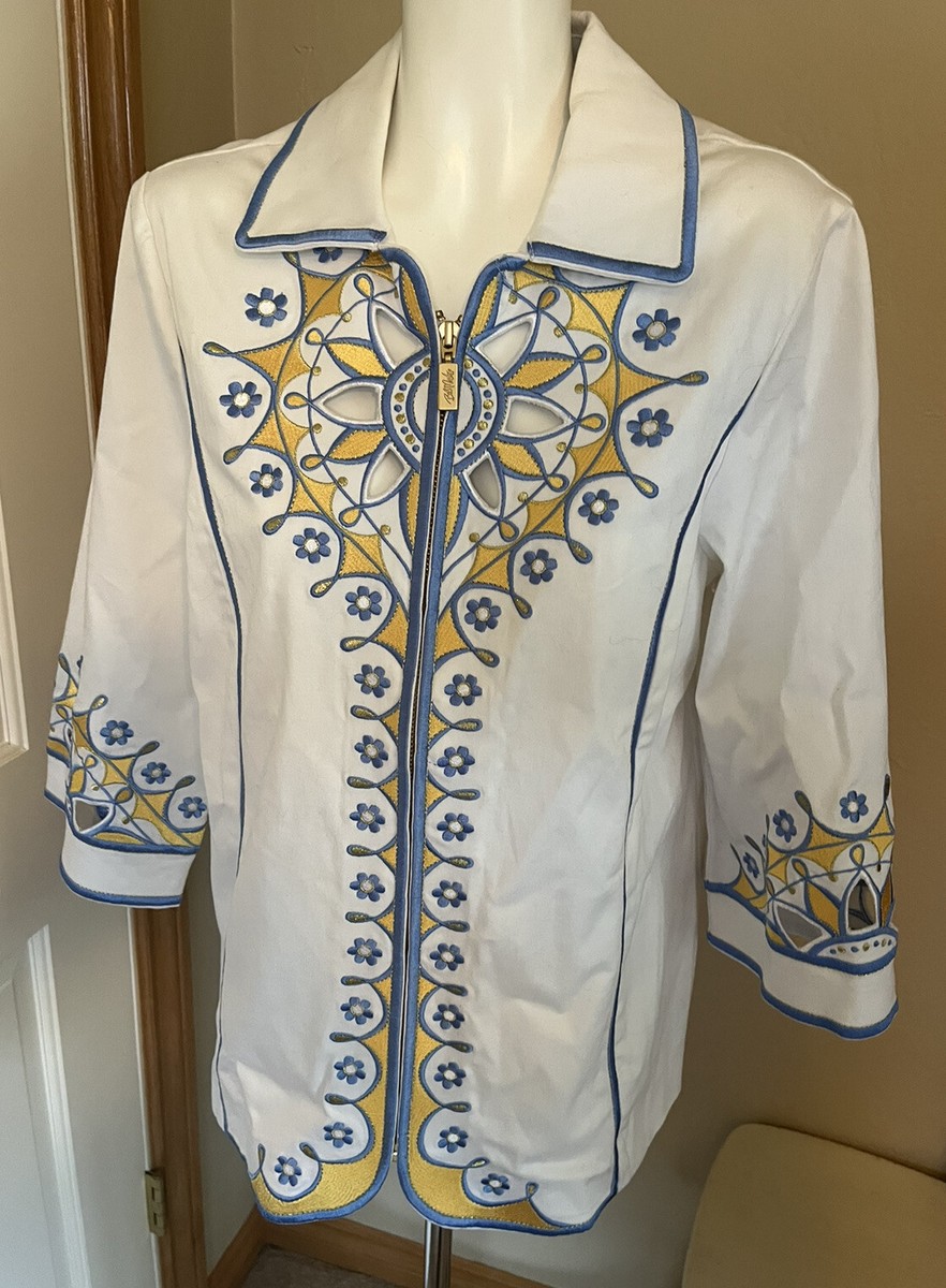 Bob Mackie 美品限定 vintage シャツ ジャケット unisex Bob Mackie Wearable Art White/Blue/Yellow Zip Up Shirt