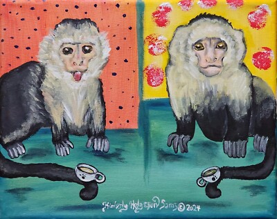 CAPUCHIN MONKEY Drinking Coffee 5x7 Pop Art Print Signed by Artist KSams