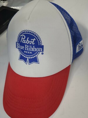 Pabst Blue Ribbon Beer Hat, PBR Vintage Trucker, Pabst Logo Patch Red White Blue