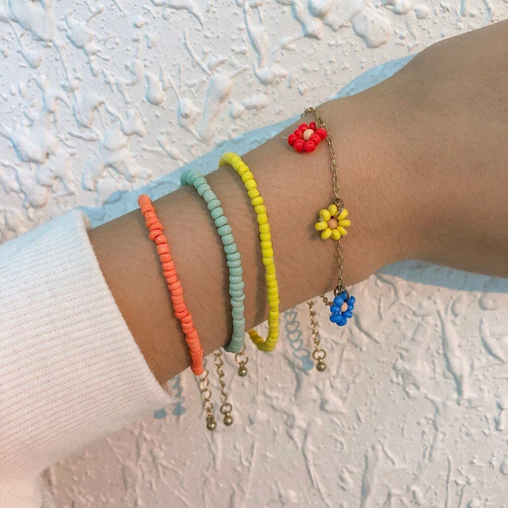 Women Multilayer Beaded Bracelet Small Flower Bangle Fashion Boho