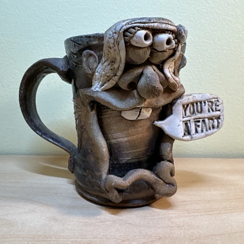 Vintage 3D Ugly Face Stoneware Pottery Mug “You’re A Fart”