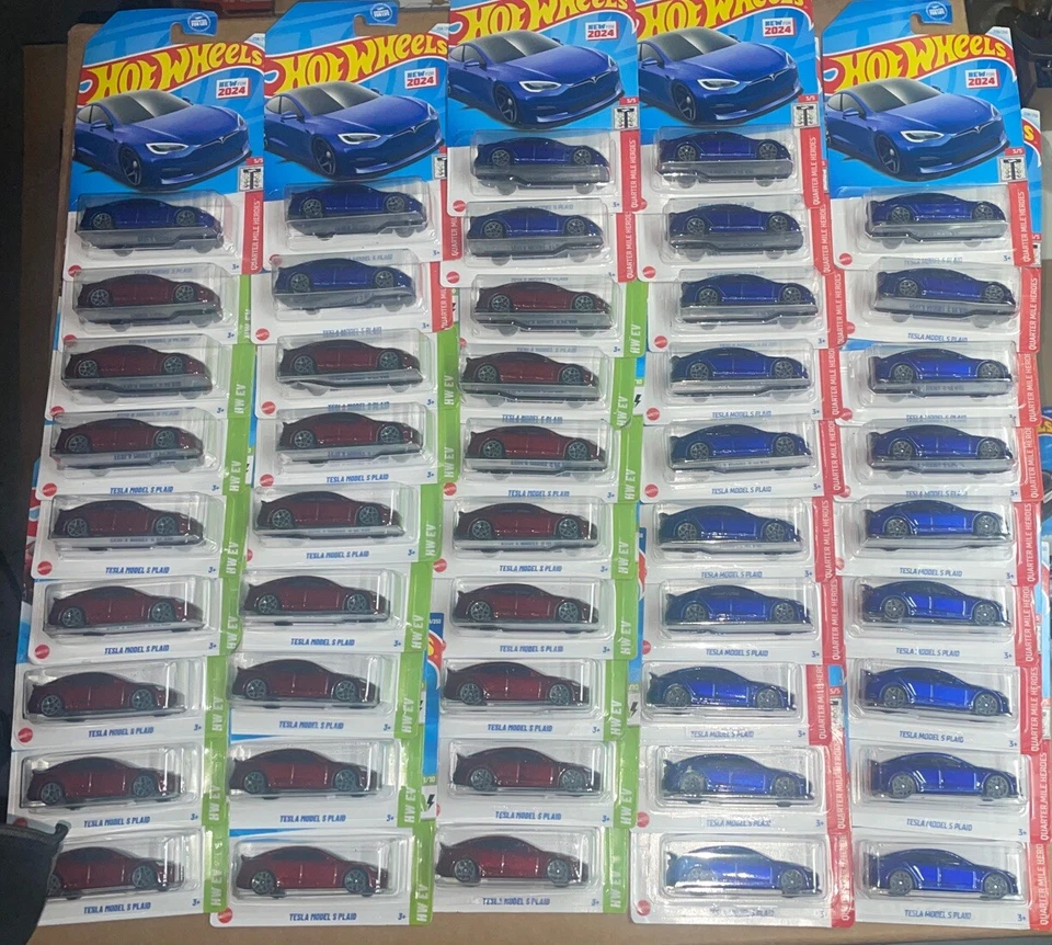 Hot Wheels Tesla Model S Plaid Blue Quarter Mile Heroes HW EV Red Lot of 50 - Image 3 of 4