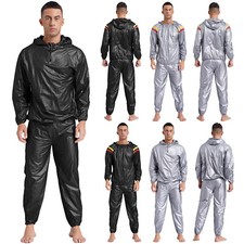 Mens Sauna Suits Weight Loss Workout Suit Long Sleeve Hooded Jackets with Pants