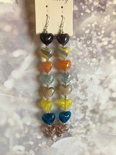 # 41 GORGEOUS LONG BOHO 8 BLOWN GLASS HEART EARRINGS .925 SILVER WIRES 5.75" - Picture 3 of 4