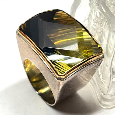 Zweifarbiger Citrin Rauchquarz Edelstein 925 Sterlingsilber breiter klobiger Ring Gr. 7