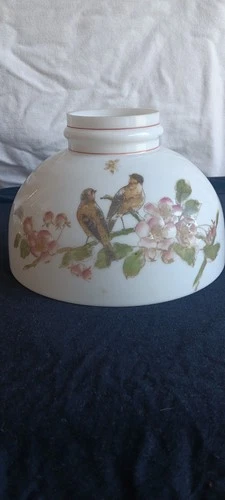 Vtg, 1940-7-0's Shade Milk Glass Birds & Cherry Blosom 9 3/4 Inch Lamp Shade