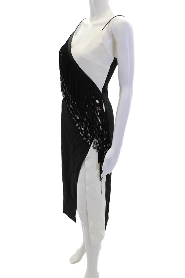 David Koma Womens Asymmetrical Fringe Detail V-Neck Midi Dress Black Size 8 - Image 2 of 4