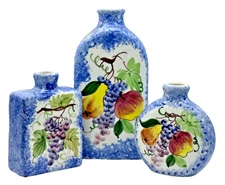 3 Piece Vase Set Vintage Italian Pottery Blue Ceramic Fruit Pattern Grapes Italy
