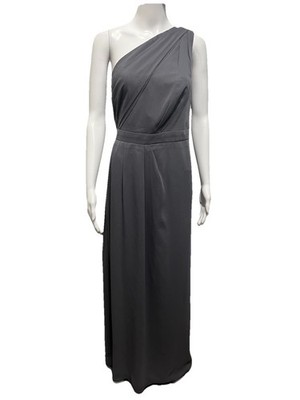 DAVID'S BRIDAL Size 16W Charcoal Grey Long One-Shoulder Chiffon Bridesmaid Dress