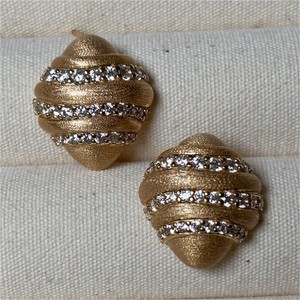 Authentic Gold Plated 925 Sterling Silver Oval Rhinestone Stud Earrings Butterfly Back