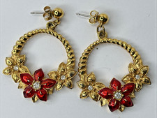 Vintage Pierced Earrings Avon Poinsettia Dangle Rhinestone Gold Tone Christmas