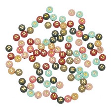 100 Pcs 4x7mm Colorful Round Acrylic Letter Beads with Golden Letter N