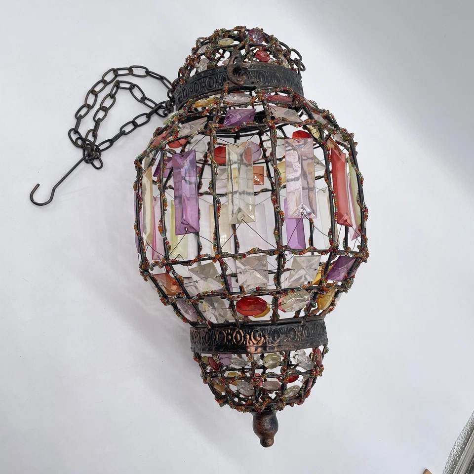 Vintage Moroccan Boho Hanging Candle Lantern 14” Colorful Faceted Glass Wire - Image 3 of 4