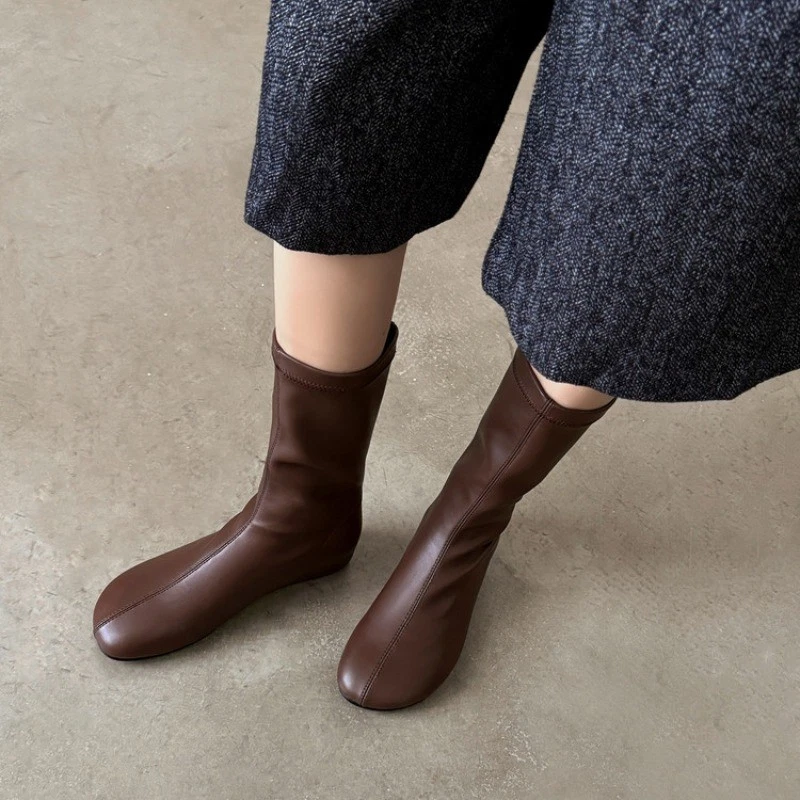 Mujeres Tacones Altos de Cuña Botas a Media Pantorrilla Cuero Punta Redonda Tirar Zapatos Informales Talla Foto 3 de 4