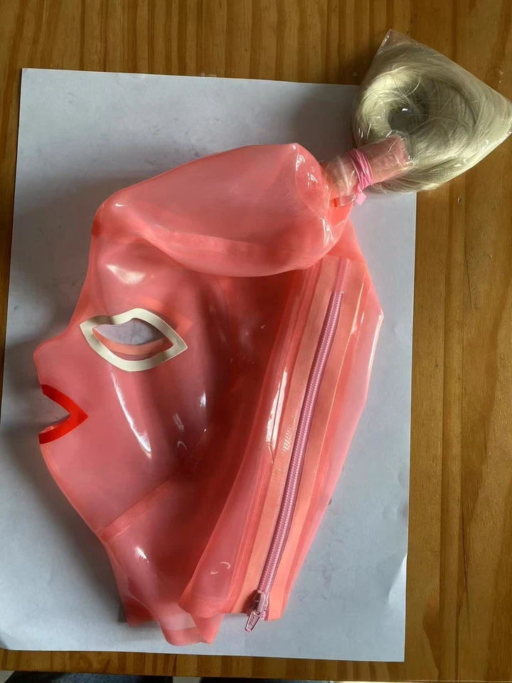 Pink Transparent Latex Hood Rubber Mask with golden wig&back zipper for Fetish - Image 4 of 4