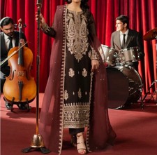 Elegant Brown Embroidered Women 3Pc Suit in Chiffon Silk by Asim Jofa in M size