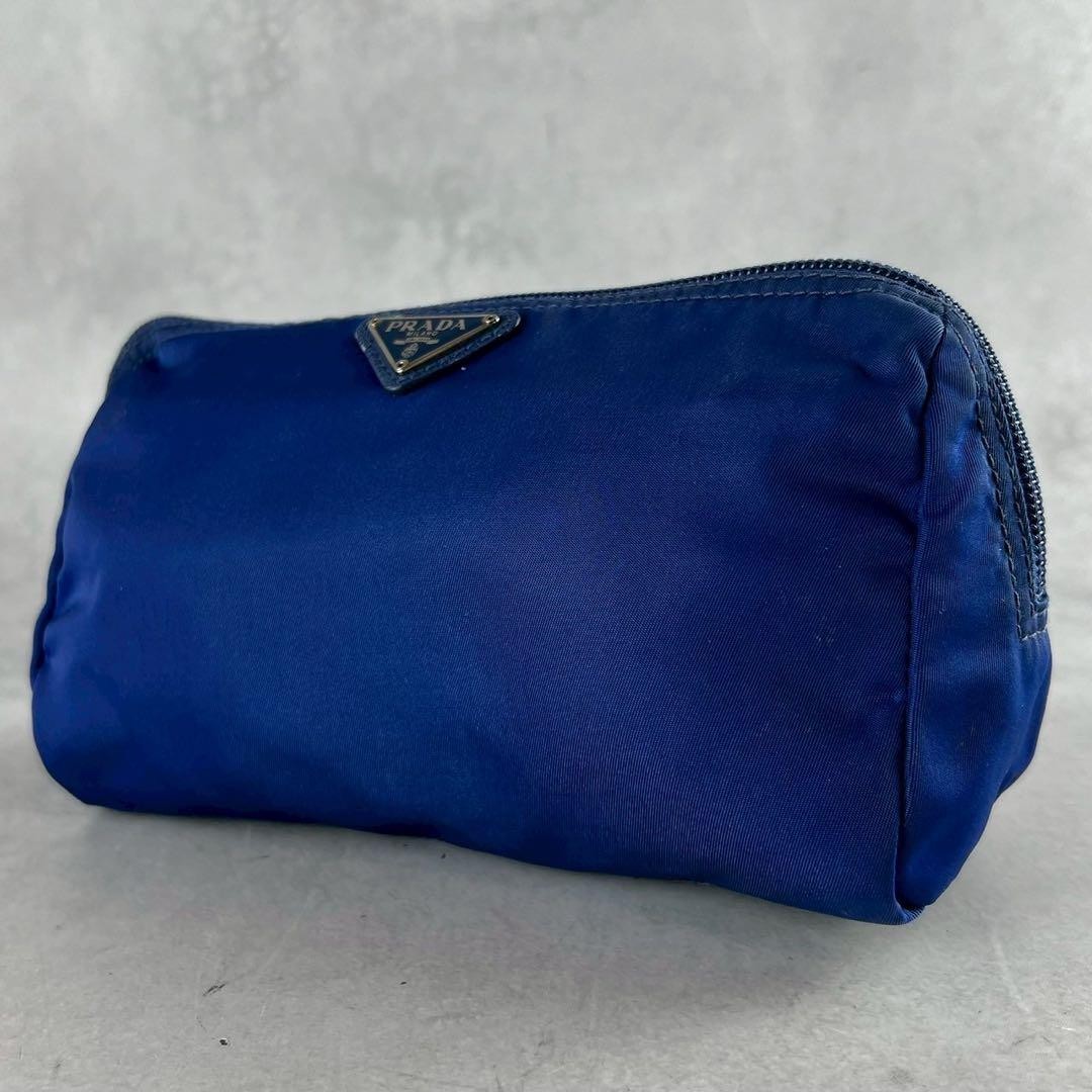 Prada Nylon Pouch Triangle Logo Saffiano Leather Blue
