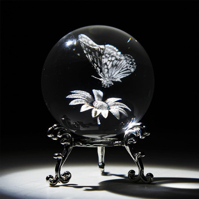 60Mm Butterfly Crystal Ball Paperweight,3D Laser Engraved Butterfly on Sunflower
